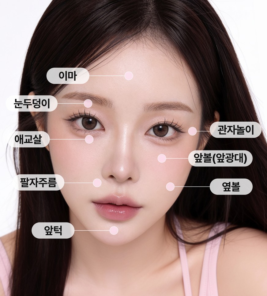 Various treatment areas — forehead, upper eyelids, aegyo-sal, nasolabial folds, chin, temples, front cheeks (front cheekbones), side cheeks