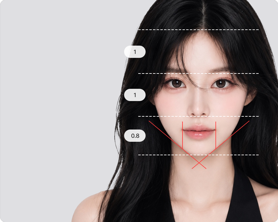 Jawline designed considering everything from facial proportions to angles (forehead–eyebrow–nose tip–chin ratio 1 : 1 : 0.8 shown with dotted and red guide lines)