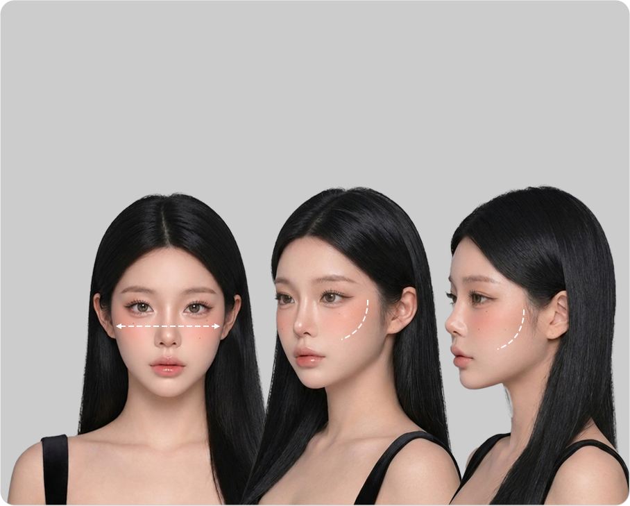 Contouring design that looks smaller from the front, at 45° and from the side