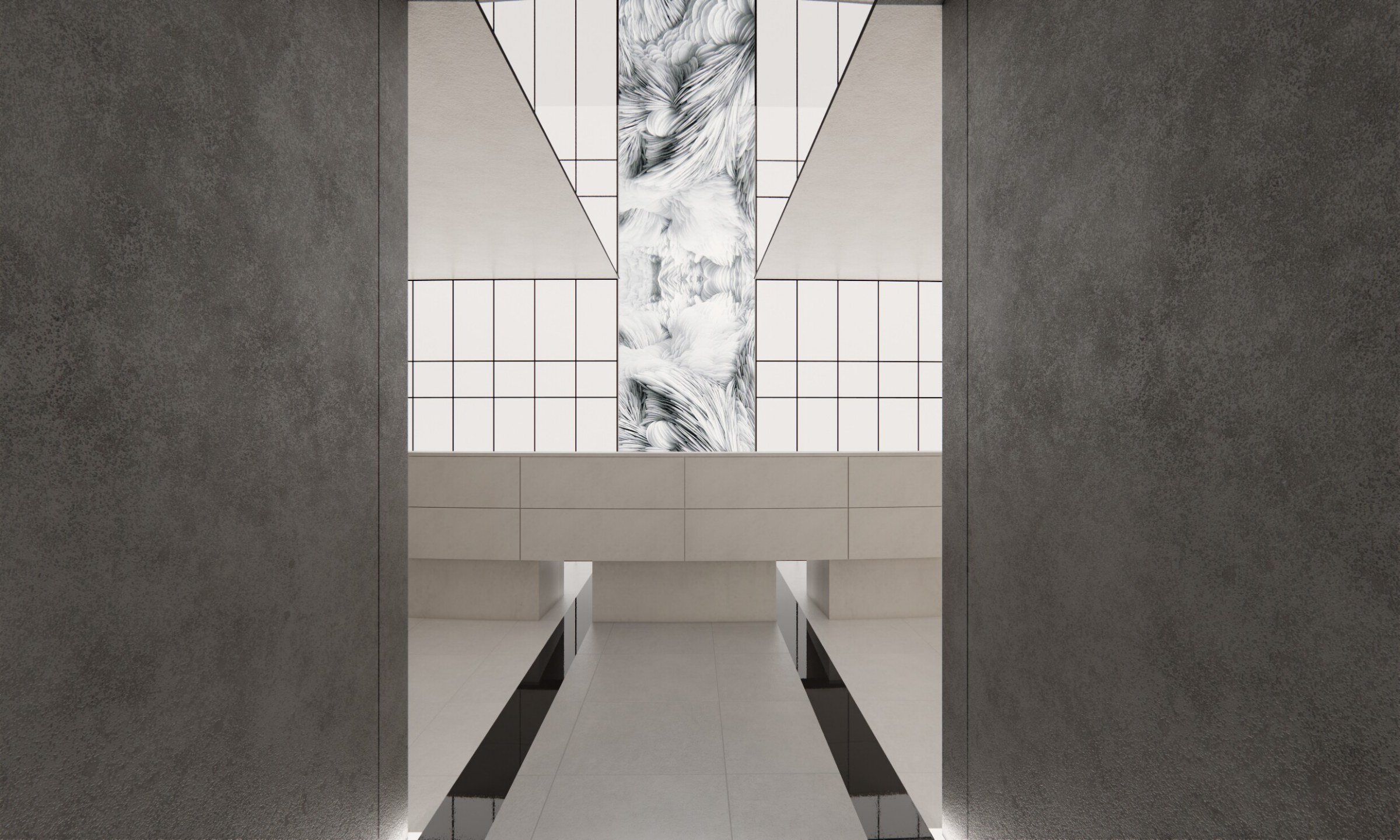 Front of the high-ceilinged lobby with marble-patterned pillars and grid windows