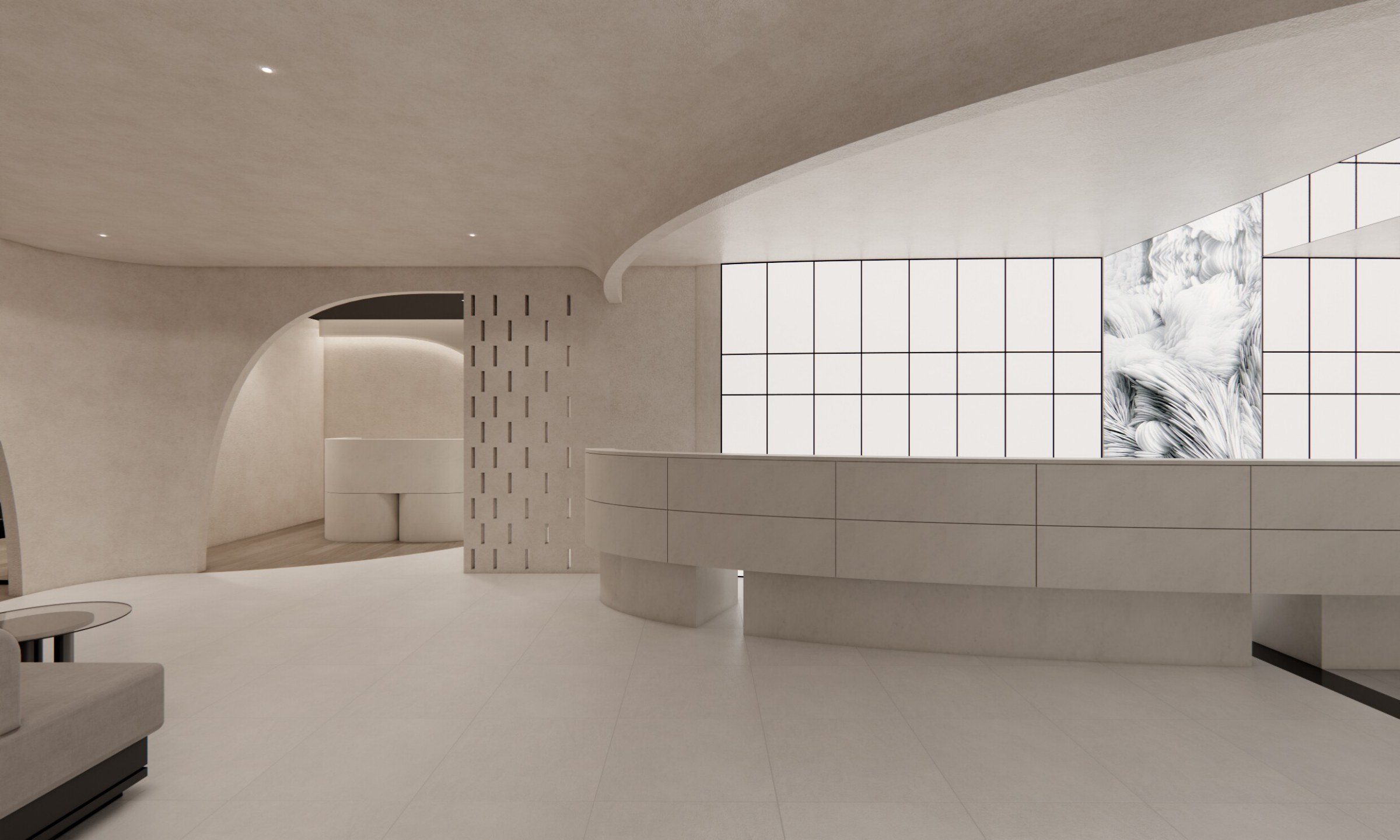 Lounge with a curved ceiling, arched entrance and round reception desk