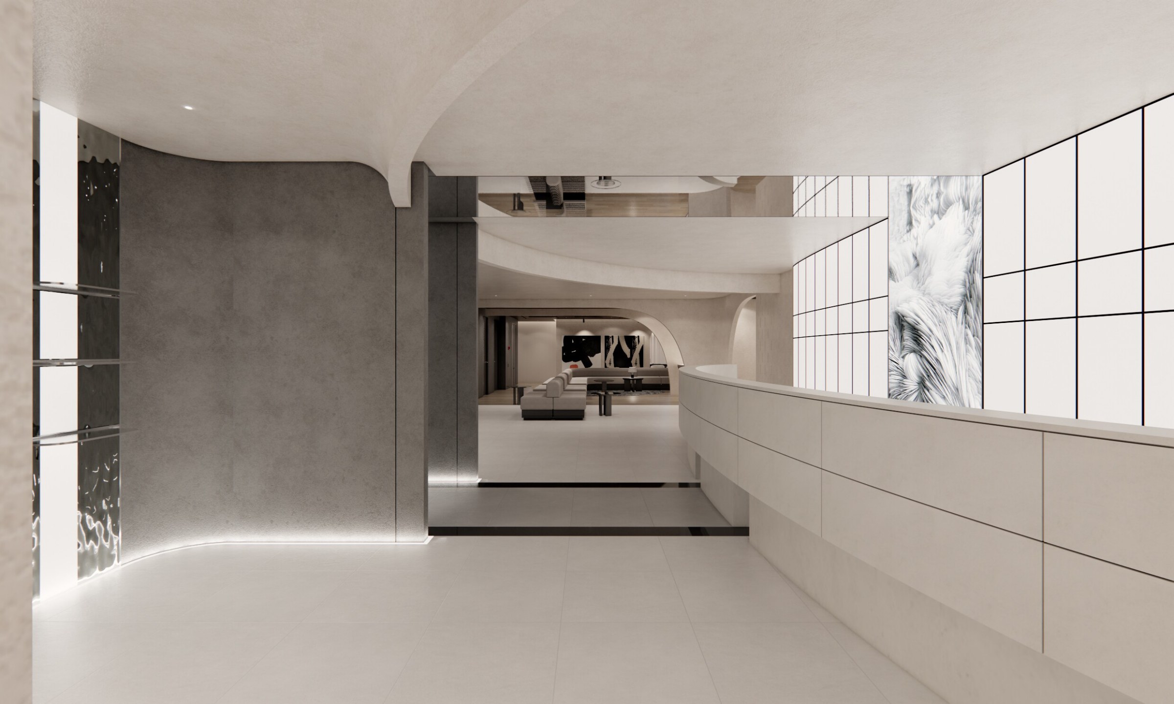 Long hallway and lounge beside the curved reception desk