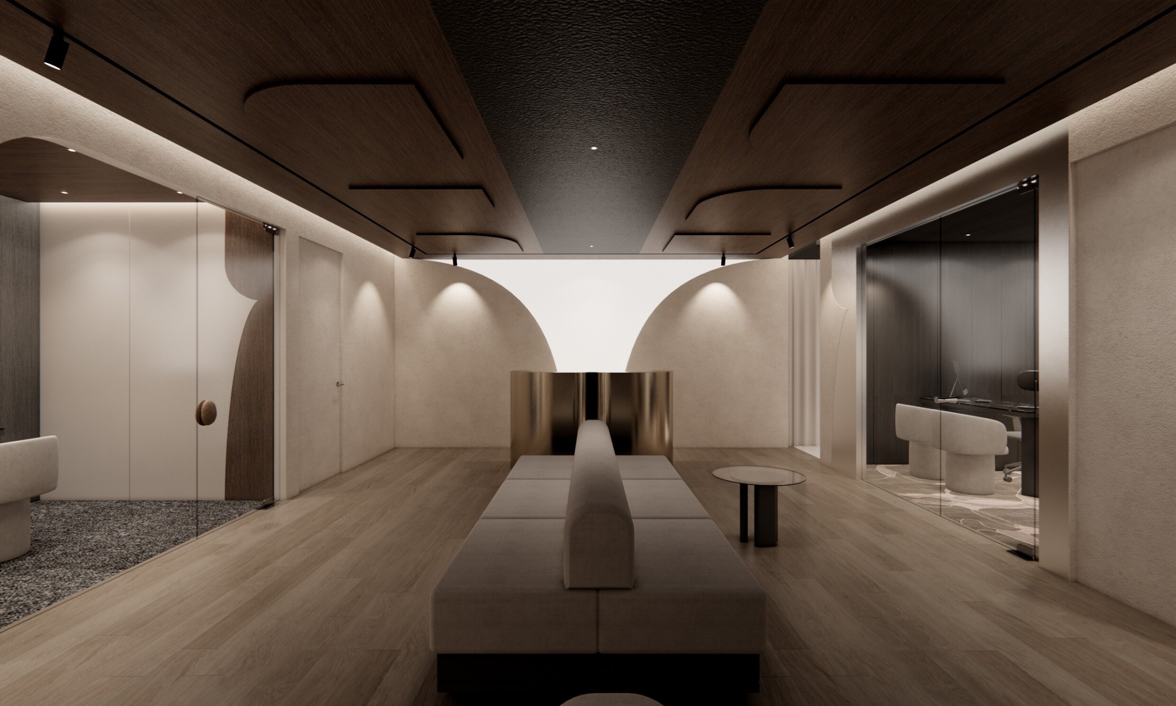Waiting lounge with a wooden ceiling and long bench sofa