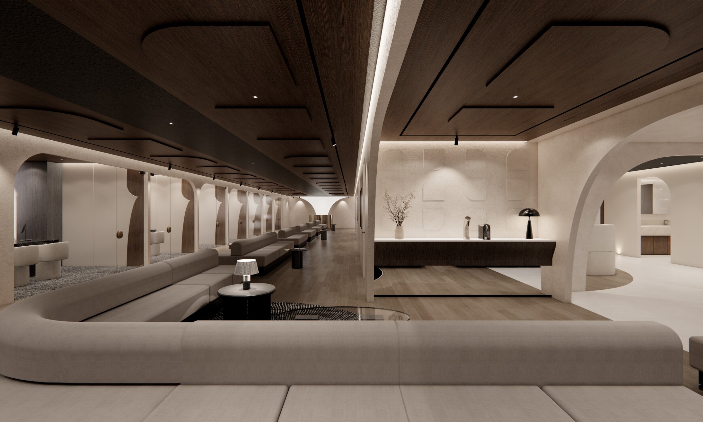 Long lounge hallway lined with curved sofas