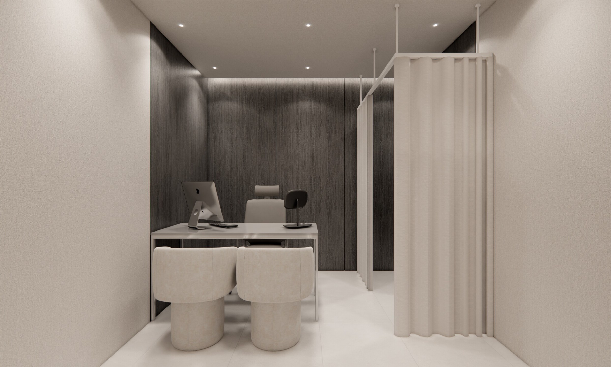 Consultation desk area with curtain partitions