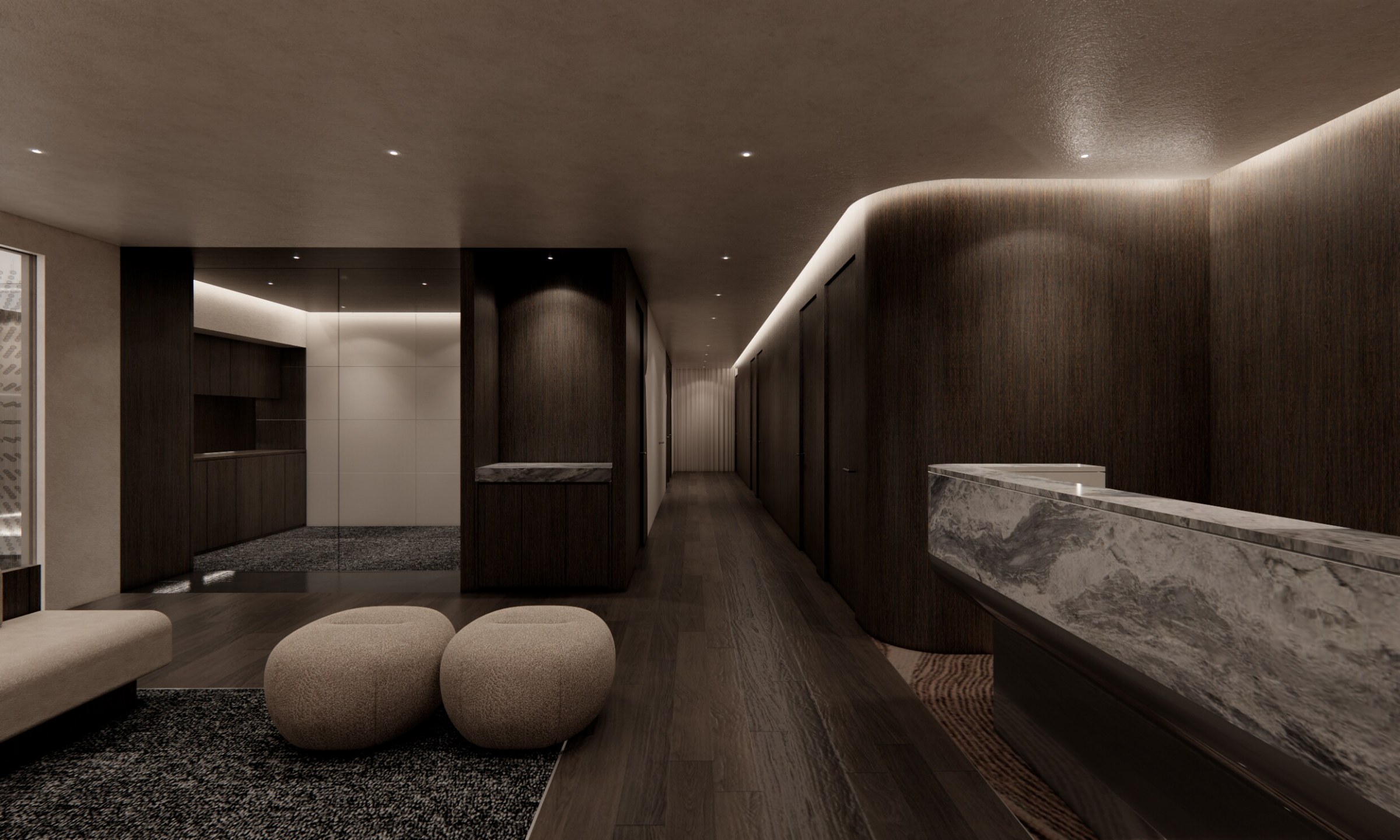 Dark wood-tone lounge with a marble desk and pouf chairs