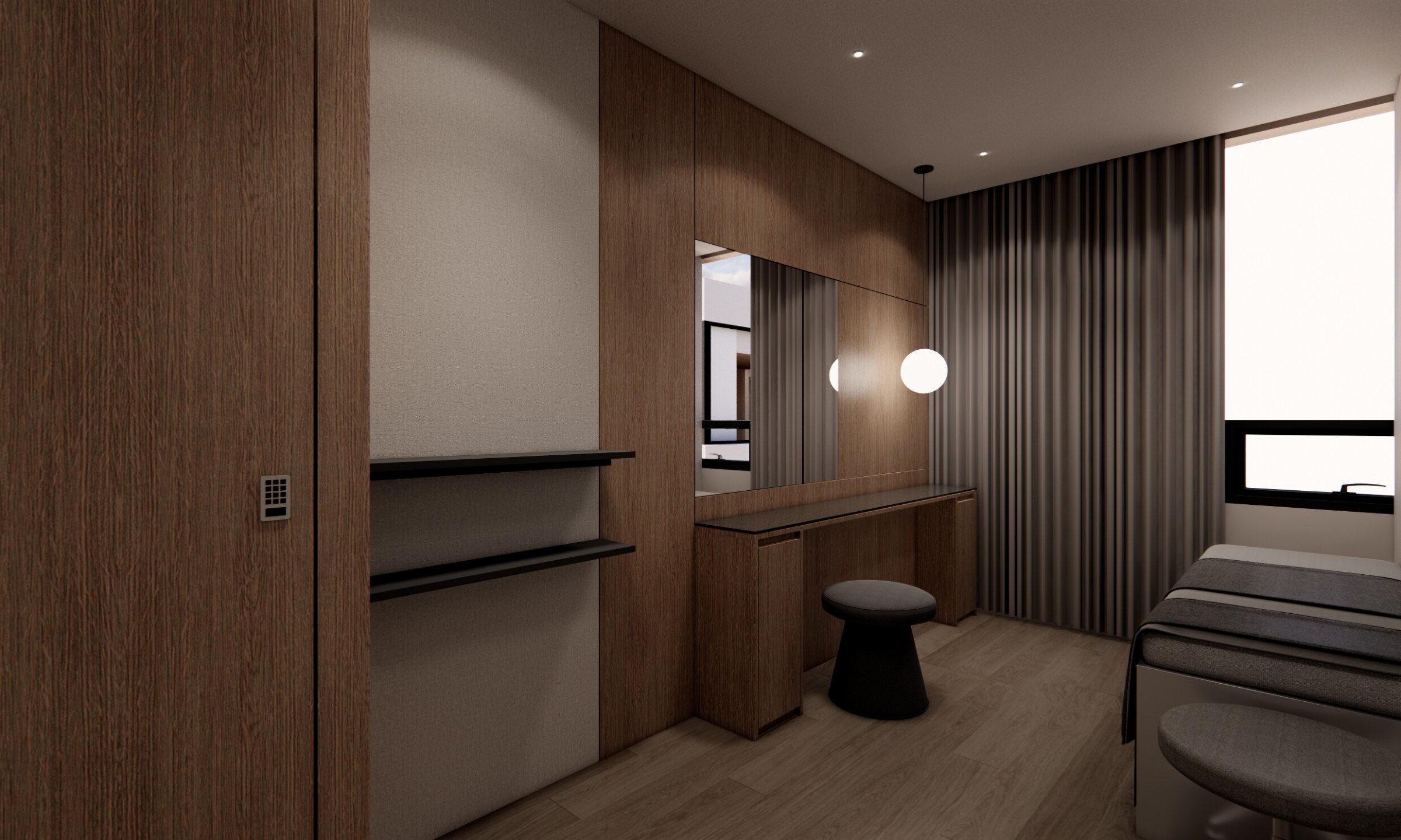 Powder room and dressing area with wood finishes