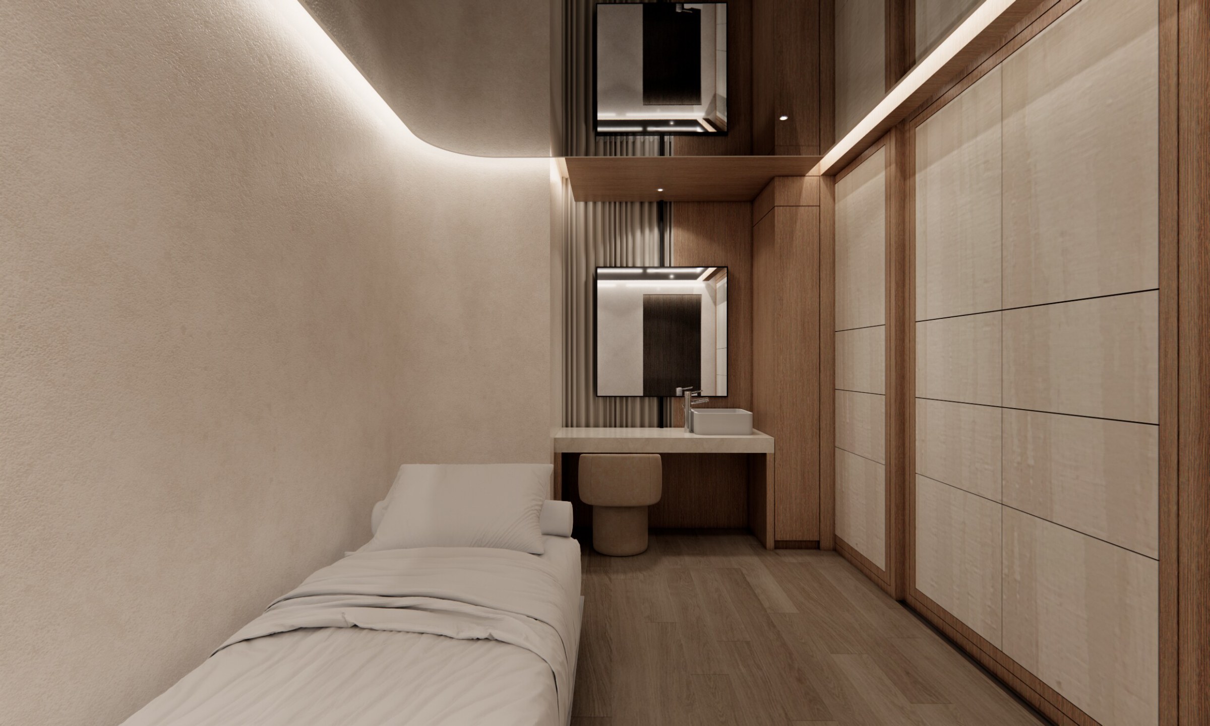 Recovery and rest room with a bed and vanity