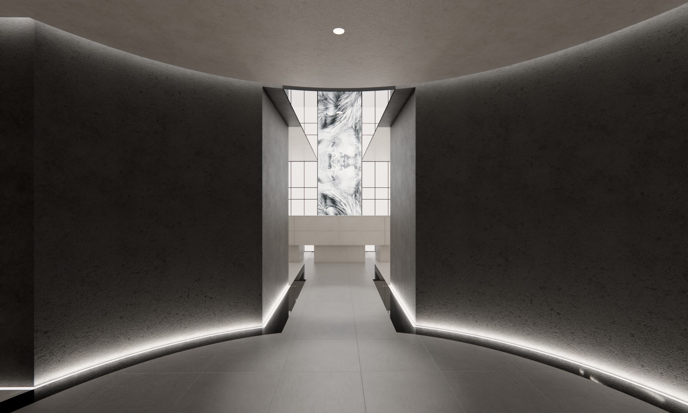 Marble-patterned passage lit between curved walls