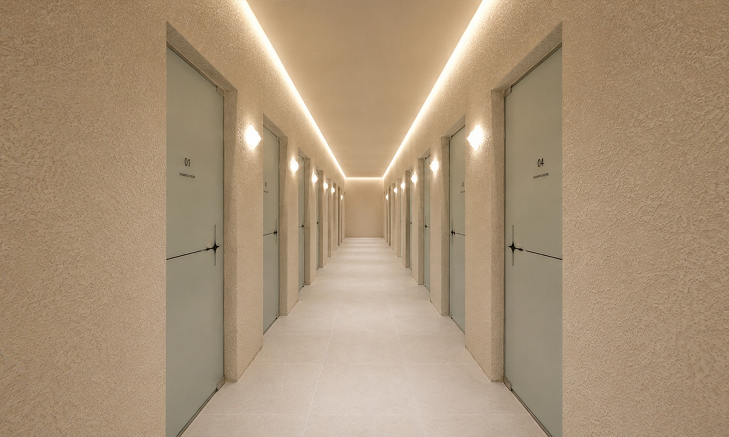 Long hallway lined with room doors on both sides